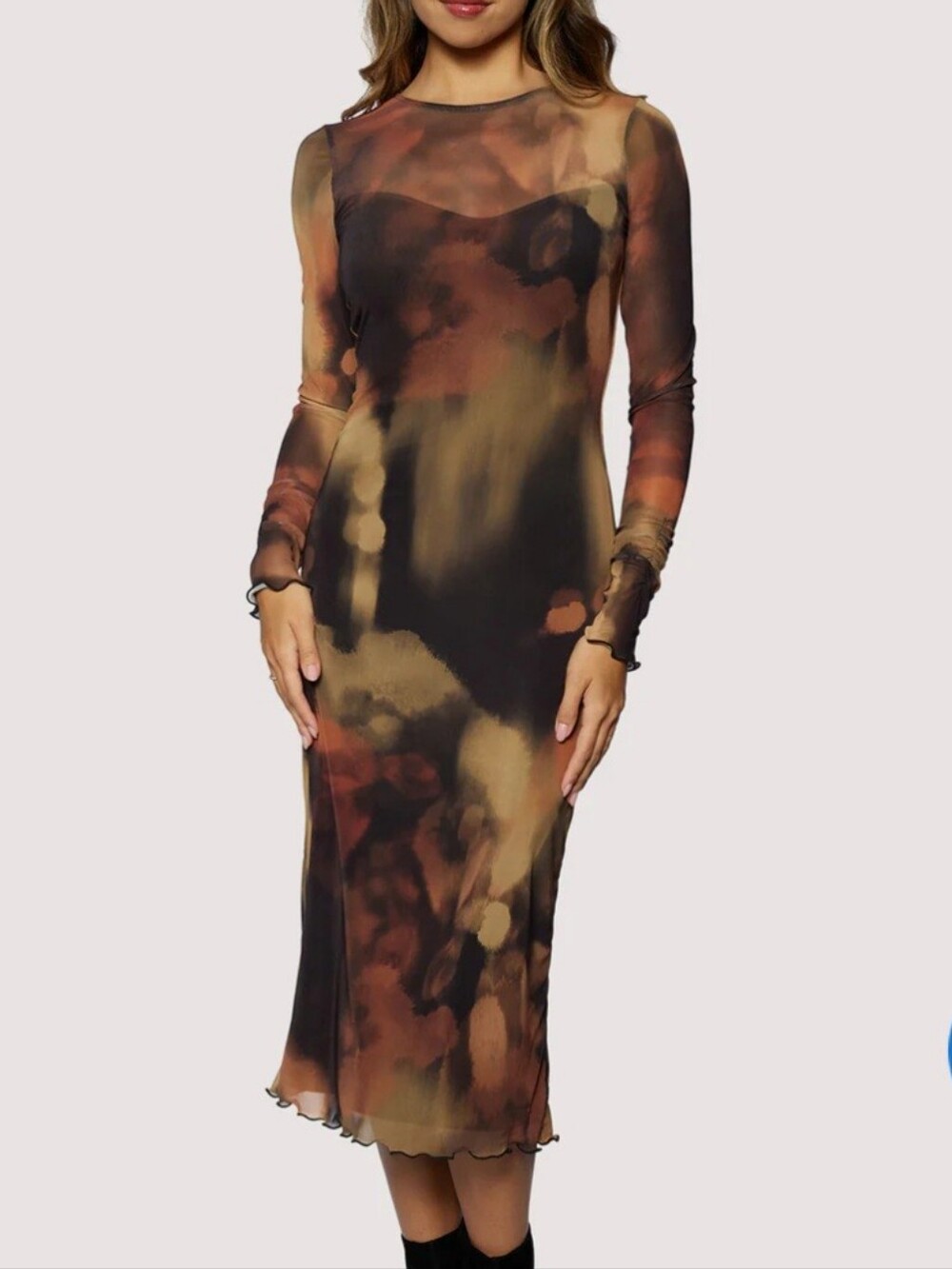 Lost + Wander Black Sheer Mesh Long-Sleeve Printed Slip Dress with Brown Accents